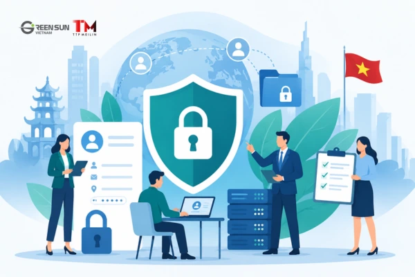 Business professionals and cybersecurity icons representing Vietnam’s new personal data protection regulations effective in 2026