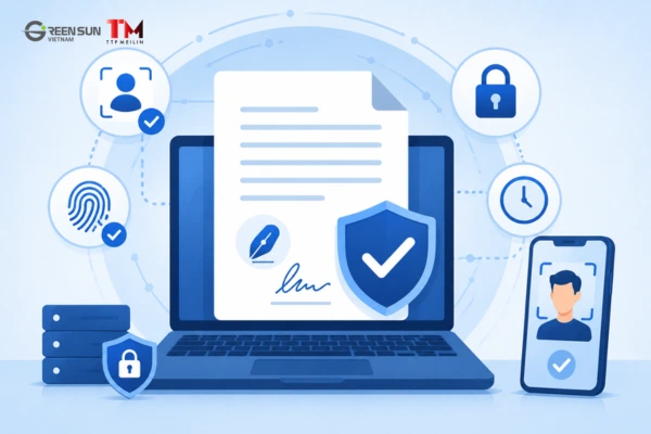 Concept illustration of secure electronic labor contracts with digital signatures, biometric verification, and cybersecurity protection.