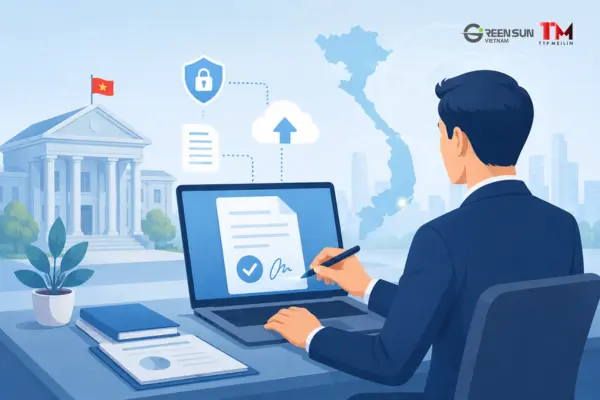 Modern illustration of electronic signature process for foreign investment registration in Vietnam