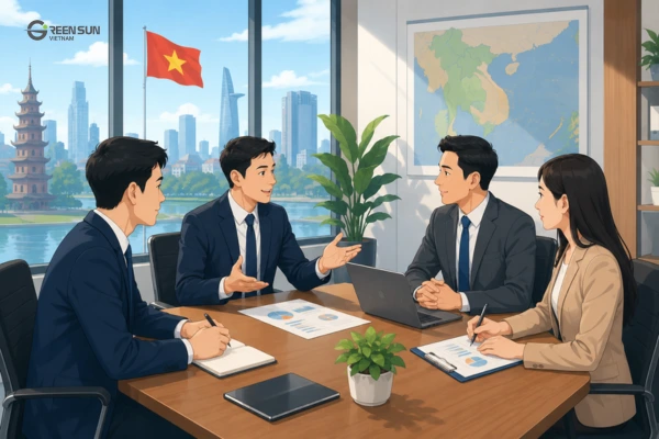 Japanese business professionals meeting with Vietnamese partners in a modern office conference room