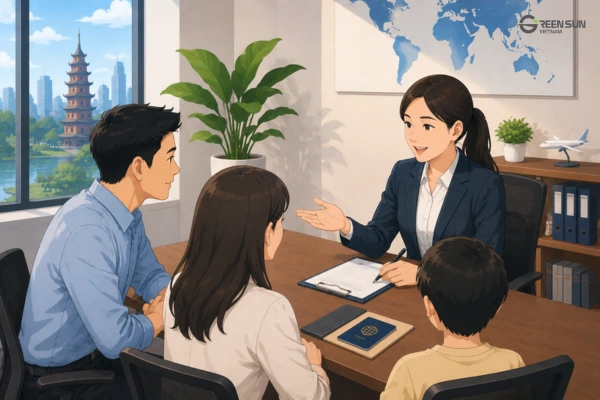 Japanese family consulting a Vietnam visa support service staff in a professional office setting