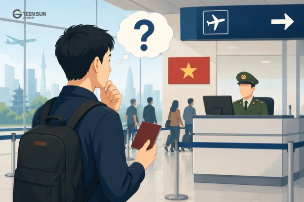 Japanese traveler checking Vietnam visa requirements at airport immigration counter before entering Vietnam