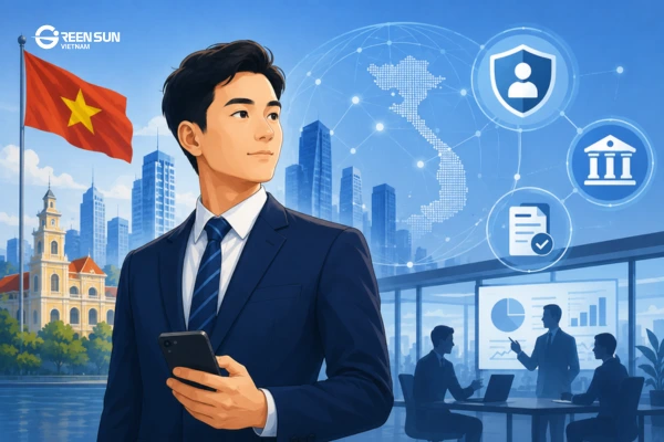 Japanese business executive in Vietnam using VNeID for digital compliance and administrative procedures.