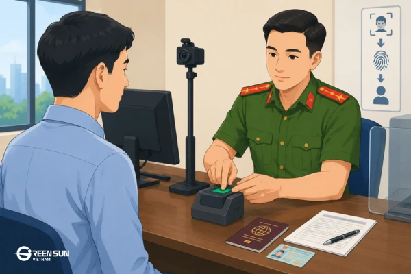 Foreign resident completing VNeID biometric registration at a Vietnamese immigration office.