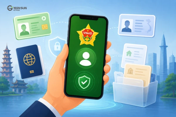 VNeID digital wallet concept showing electronic identity documents and secure mobile verification in Vietnam.
