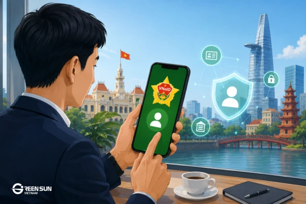 Foreign resident in Vietnam using the VNeID mobile app for digital identity verification and online services.