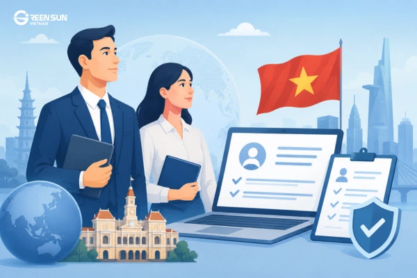 An image illustrating foreign professionals working in Vietnam and digitized administrative procedures.