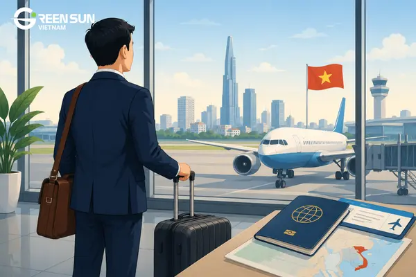 Business traveler looking at a Vietnamese cityscape at the airport, symbolizing a September business trip to Vietnam.