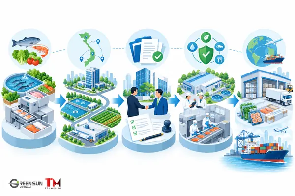Diagram explaining the supply chain and lessons learned for Japanese companies entering Vietnam's agricultural and fisheries businesss