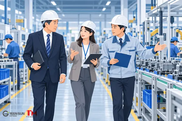 Japanese-Vietnamese interpreter assisting business clients during a factory inspection and technical meeting in Vietnam